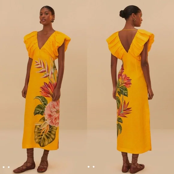 Farm Rio V neck linen midi dress - Picture 1 of 15